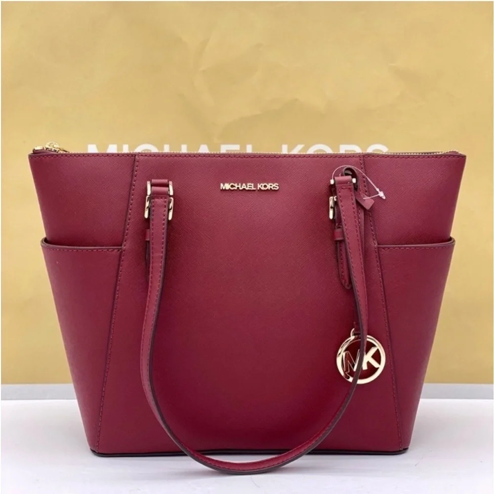 Michael Kors Charlotte Leather Tote Shoulder Bag Dark Cherry